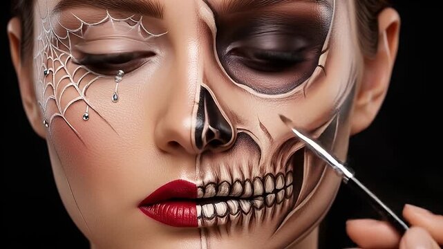 Woman's face half-painted with a spiderweb & jewels, the other as a skeletal figure