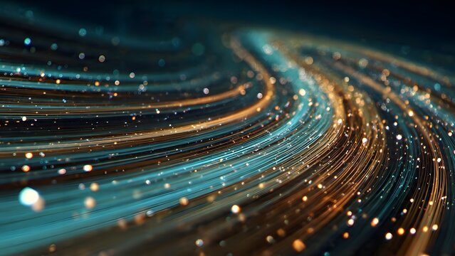 Fiber optic cables glowing on a digital circuit board with light patterns and electronic components