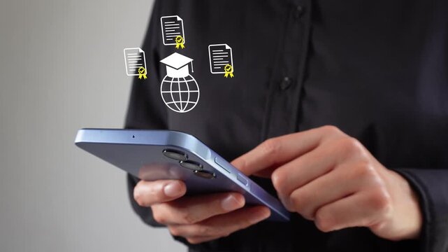 Professional businesswoman checking her mobile phone with an animated globe, a graduation cap, and several certificates. Online education.