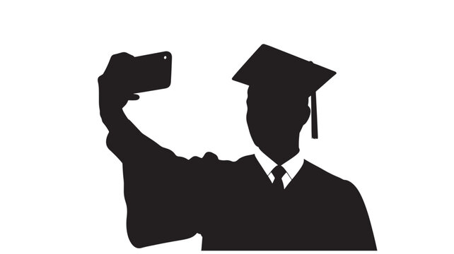 Graduate Silhouette Taking Selfie in Academic Regalia with Simple in Black and for Education Transparent BACKGROUND