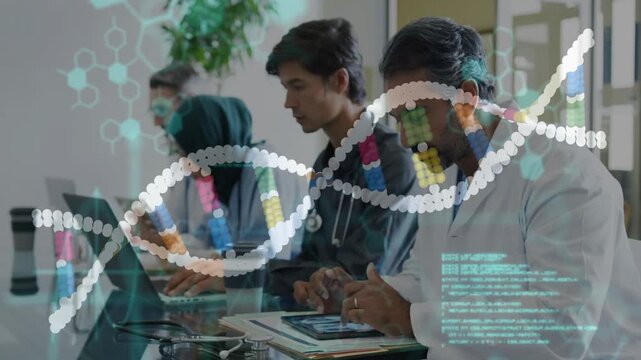 Doctor tapping tablet at table, activating DNA helix pulsing over team, raising head reviewing data