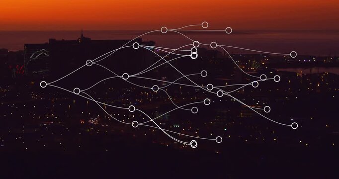 Left cluster shifting white nodes moving right upward merging splitting showing data flow over city