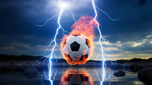 Soccer ball on fire with lightning storm over dramatic dark sky sports power concept