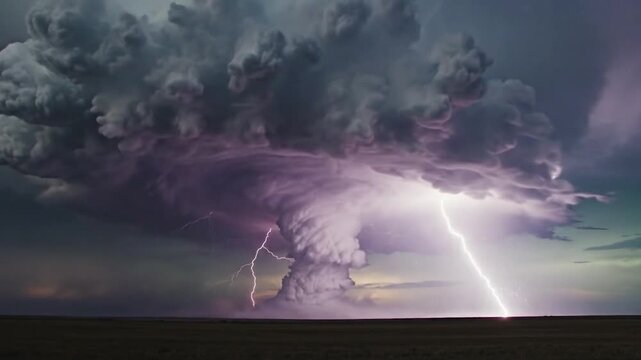 Dramatic supercell thunderstorm producing a tornado and lightning.
