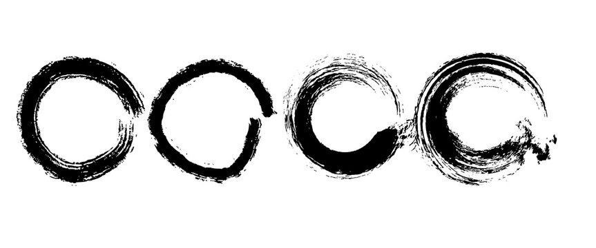Japanese round brushstrokes. Vector Asian enso circles. Straight distress long lines set. Chinese black zen calligraphy elements. Abstract Buddhist border collection