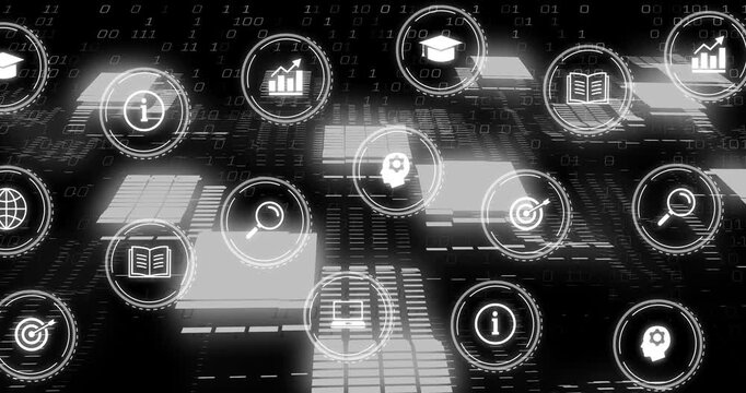 Faint rings appearing UI icons fading pulsing camera panning tilting binary visualizing data field