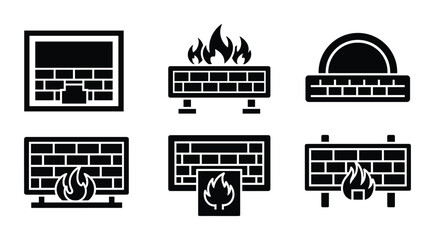 Fototapeta premium Fireplace icons set, brick wall fireplace vector illustrations. Fire and brick chimney with different styles.