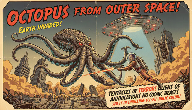 Retro 1950s Sci-Fi Movie Poster Illustration - Invaders from Octoplus with Giant Octopus