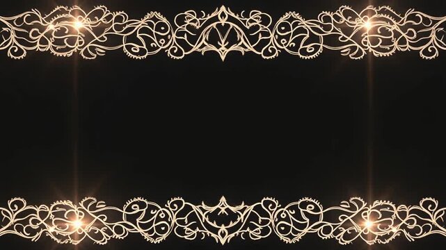 Ornate golden filigree border design on black background with glowing accents.