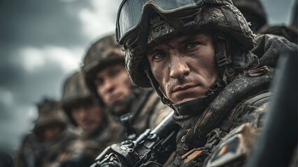 Fototapeta premium Russian Soldier Holding a Gun, Confident Armed Military Personnel Looking at Camera with Army Team in Background, Defense, Security, Warfare and Military Readiness Concept