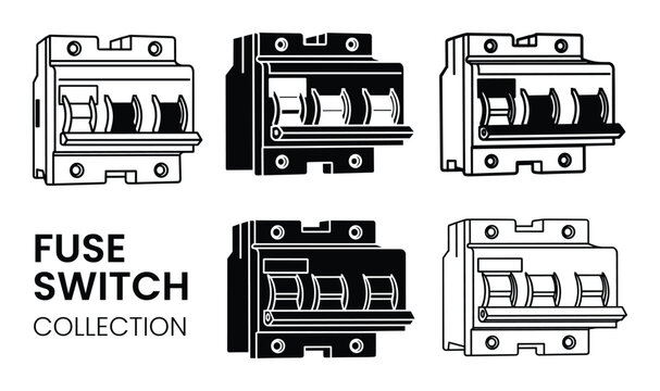 Fuse switch collection vector illustration. Electrical fuse switch collection diagram, electrical system safety breaker design.