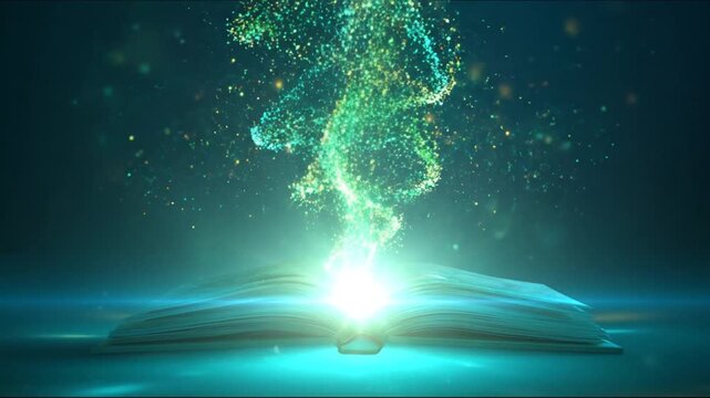 An open book emits bright light and swirls of energy, with a dark teal and green background