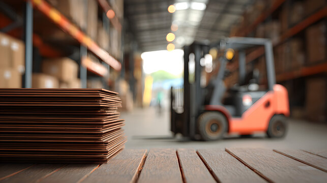Close Up Of Stacked Engineered Wood Panels With Blurred Forklift Moving In Warehouse
