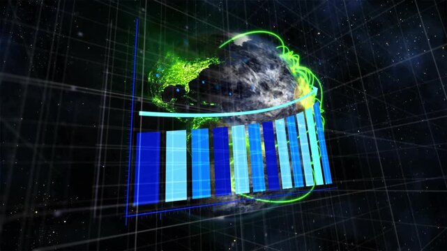 L-axis appearing, globe rotating while bars rising, ribbon sweeping, arcs forming, showing data