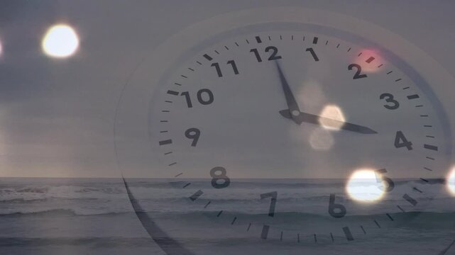 Double-exposed opening, analog clock rotating clockwise, bokeh shifting, marking time against sea