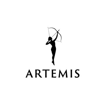 Black archer women silhouette logo with the name artemis is suitable for branding, sports teams, or fashion labels looking for a sophisticated design.