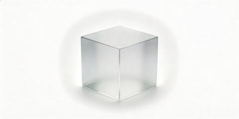 Fototapeta premium A transparent glass cube sits on a clean white background, showcasing its geometric form, clarity, and minimalist design, ideal for illustrating concepts of geometry, science, or art.
