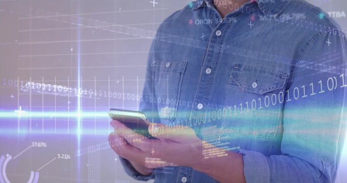 Man tapping smartphone and scrolling in tech studio, binary charts expanding while analyzing data