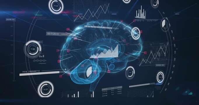 Play button causing hologram brain rotating while HUD gauges animating for showing neural activity