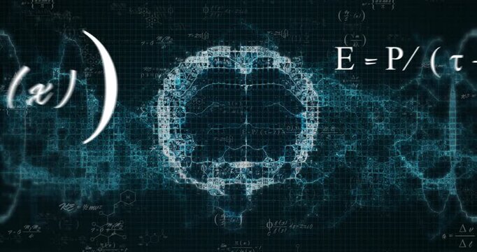 Calculus appearing, wireframe brain growing, pulsing and merging formulas, showing neural data