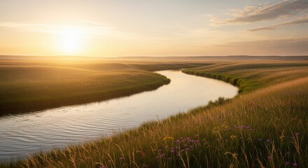 Winding river flows through rolling grassy hills under bright golden sunlight