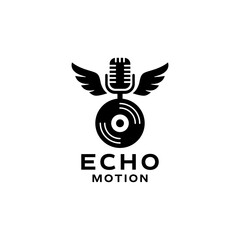 Obraz premium Echo motion logo with music wings microphone design ideal for music production companies, podcasts, and sound studios.