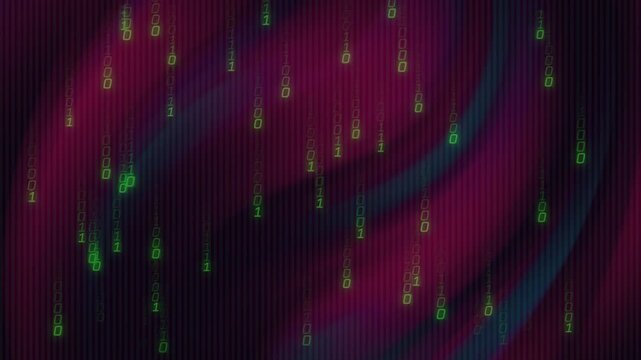 Binary glyphs spawning at top, falling and flickering, forming code-rain over magenta-teal backdrop