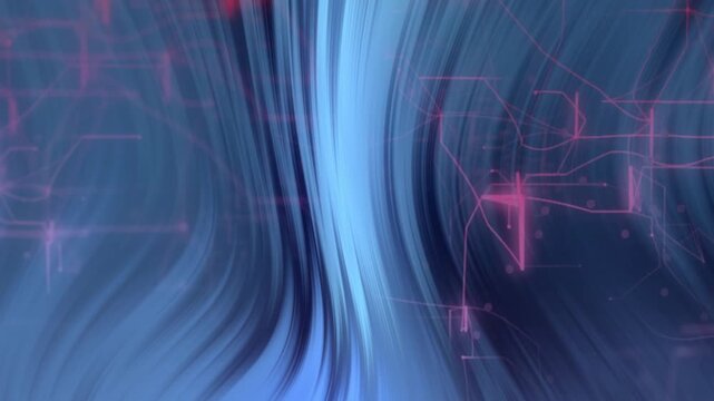 Magenta circuits emerging, center blue ribbon narrowing, nodes pulsing, showing network growth