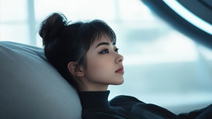 女性が上を見つめる