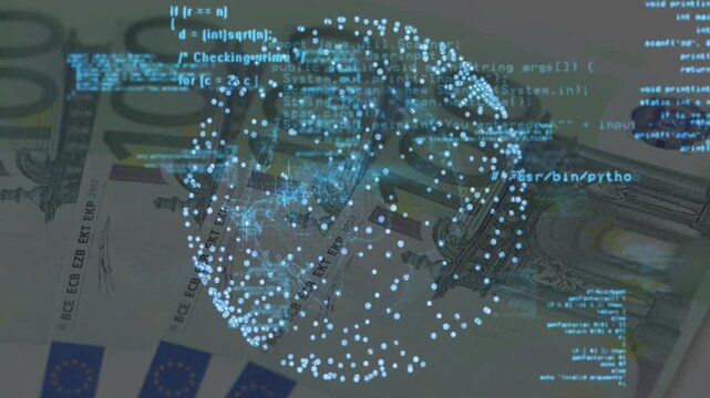 Digital globe rotating, code scrolling, hand touching note shifting bills, visualizing finance data