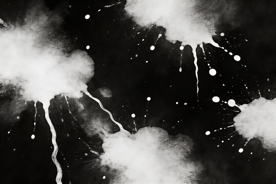 Abstract black and white ink splatter background. White paint drips, splatters, and smudges on a solid black backdrop, creating an artistic, modern texture suitable for design projects.