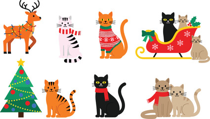 Colorful vector illustration set of cute Christmas cats in sweaters and scarves with a reindeer holiday tree and festive sleigh for seasonal winter branding ( © MdNurul
