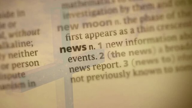 Lens shifting, dictionary 'news' coming into focus, revealing definition under faint wood cross