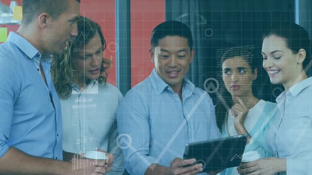 Presenter tapping tablet, team leaning in, charts aligning with tablet, highlighting business data