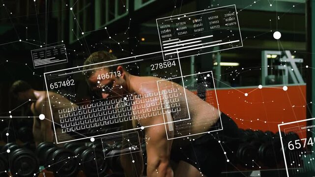 Man gripping weights, performing bent-over rows for strength, HUD stats shifting, mirror reflecting