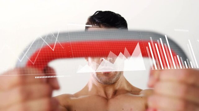 Shirtless male lifting kettlebell toward camera, initiating fitness HUD data overlays across chest