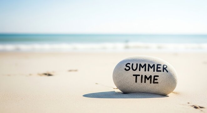 Beach with stone reading summer time