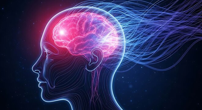 A digital illustration of a human head in profile with a glowing brain and flowing neural connections, set against a dark blue background, viewed from the side