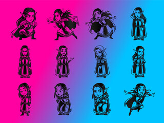 Chibi Elf Character Expressions Vector Pack - Fantasy Avatar Set with Diverse Emotions and Poses