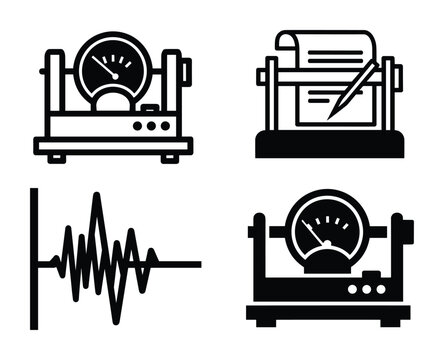 Seismograph and seismogram icons set, seismograph with needle tracing earthquake activity and recording paper.
