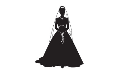 Bride silhouette in elegant wedding dress with flowing veil in dark mysterious lighting on for wedding invitation Transparent BACKGROUND