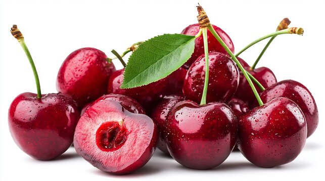 Vibrant Sweet Cherries with Water Droplets, Fresh Fruit Still Life on White Background