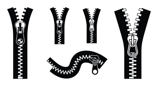 Set of zippers in open and closed states, various styles and shapes, black and white isolated vector collection