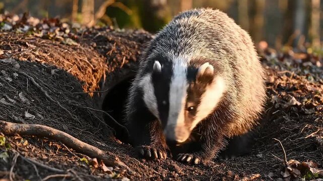 European badger emerging from its sett in the forest at sunset