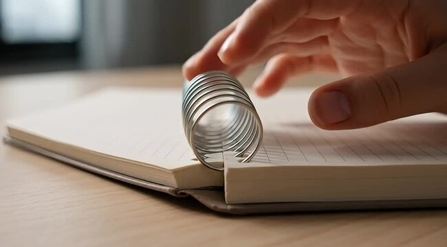 Close up of a person's hand flipping through the pages of a spiral-bound notebook on a wooden desk, highlighting the metal binding and paper texture