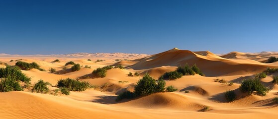 Fototapeta premium Panoramic view of orange sand dunes and desert plants under a clear blue sky