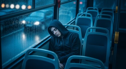 Obraz premium Lonely Person Sitting Alone on Bus at Night.