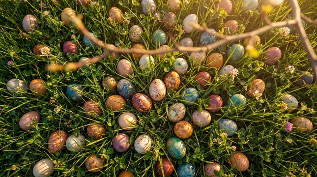 Colorful easter eggs nestled in lush green pine needles with warm sunlight filtering through