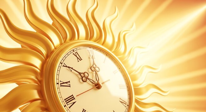 Clock with sun rays golden time concept