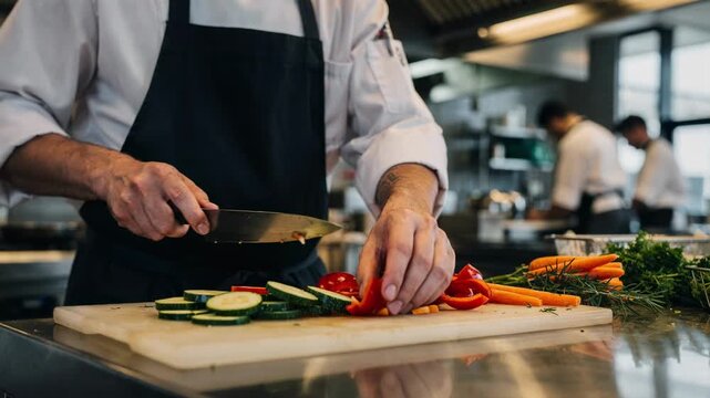 Medium shot of a chef slicing fresh vegetables at a stainless steel prep station with blurred kitchen background and active staff movement.